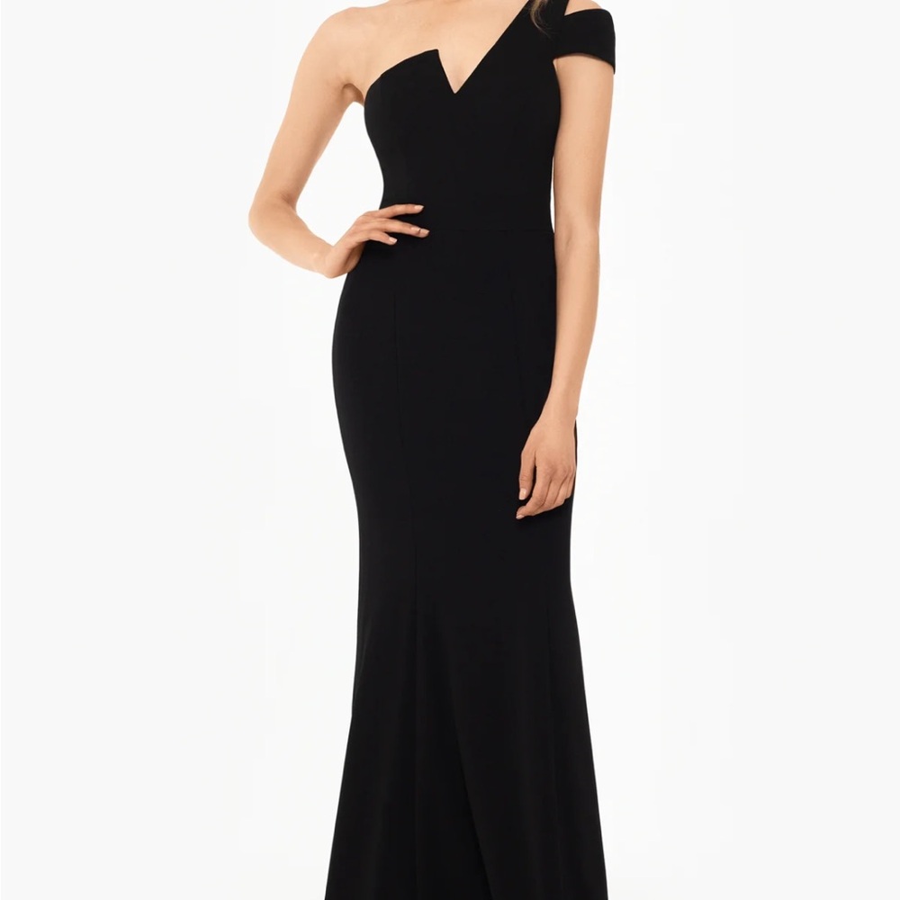 Betsy & Adam Black One-Shoulder Gown
